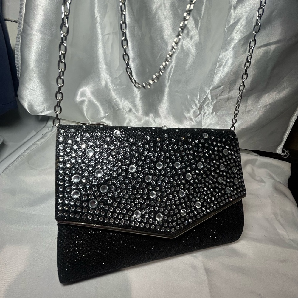 Gunne Sax Black Crystal-Embellished Evening Clutch with Chain